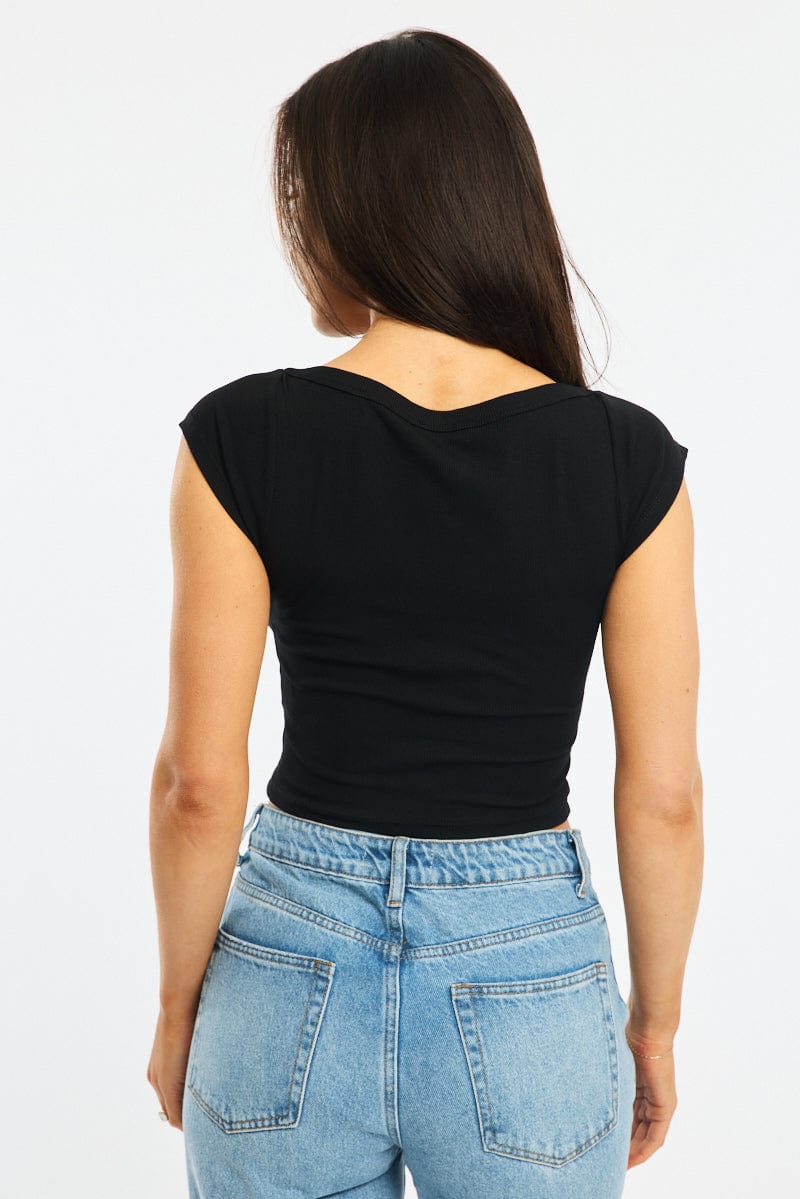 Black Boat Neck Top Short Sleeve