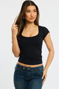 Black T-Shirt Cap Sleeve Sweetheart Neck