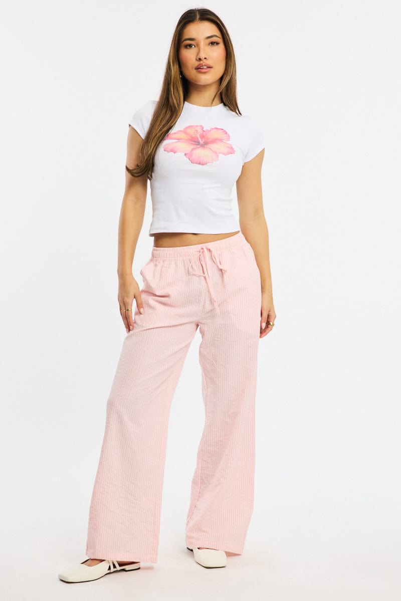 Pink Stripe Wide Leg Pants Elasticated Waist