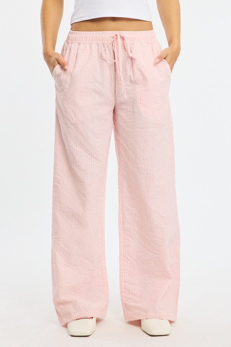 Pink Stripe Wide Leg Pants Elasticated Waist