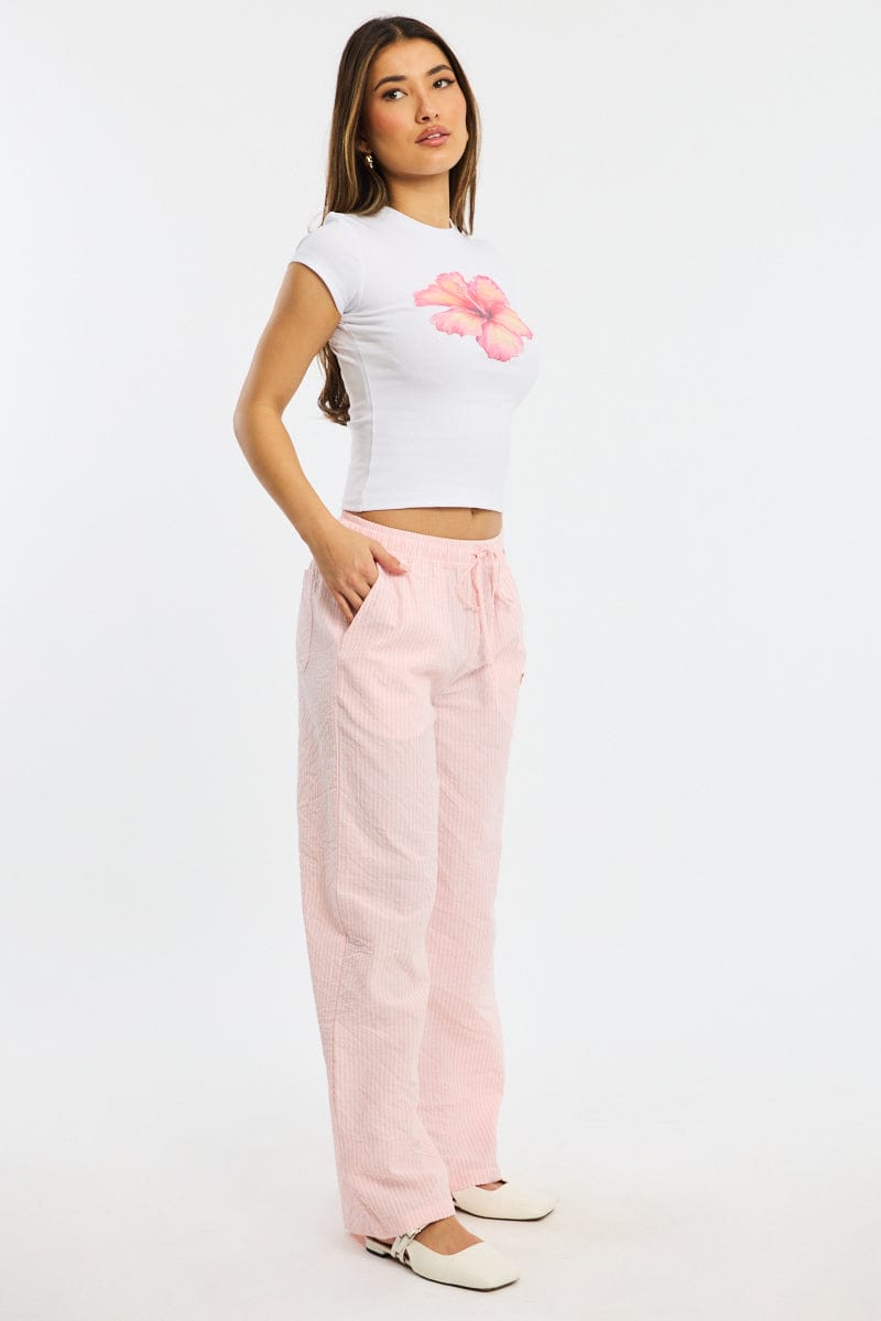 Pink Stripe Wide Leg Pants Elasticated Waist