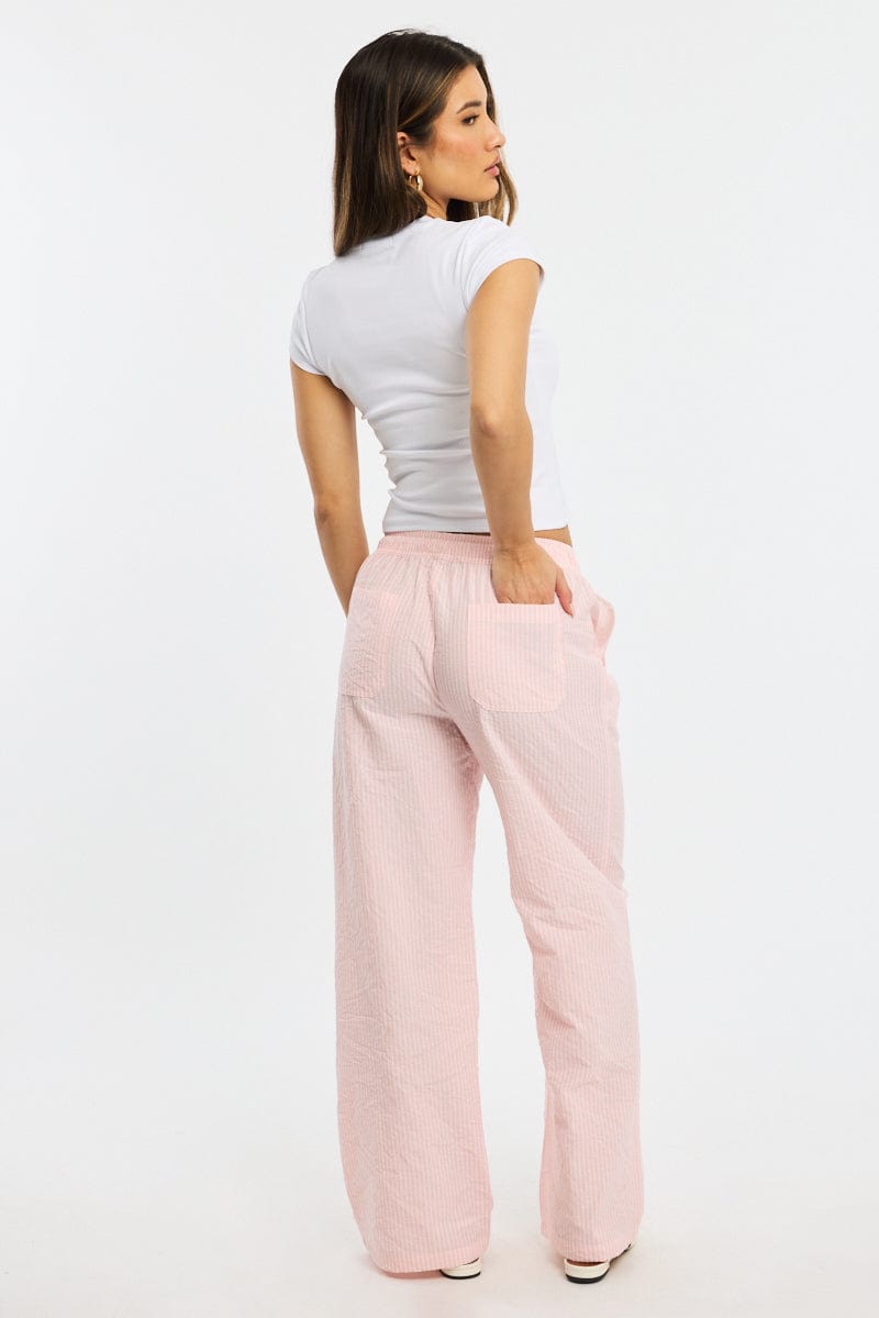 Pink Stripe Wide Leg Pants Elasticated Waist