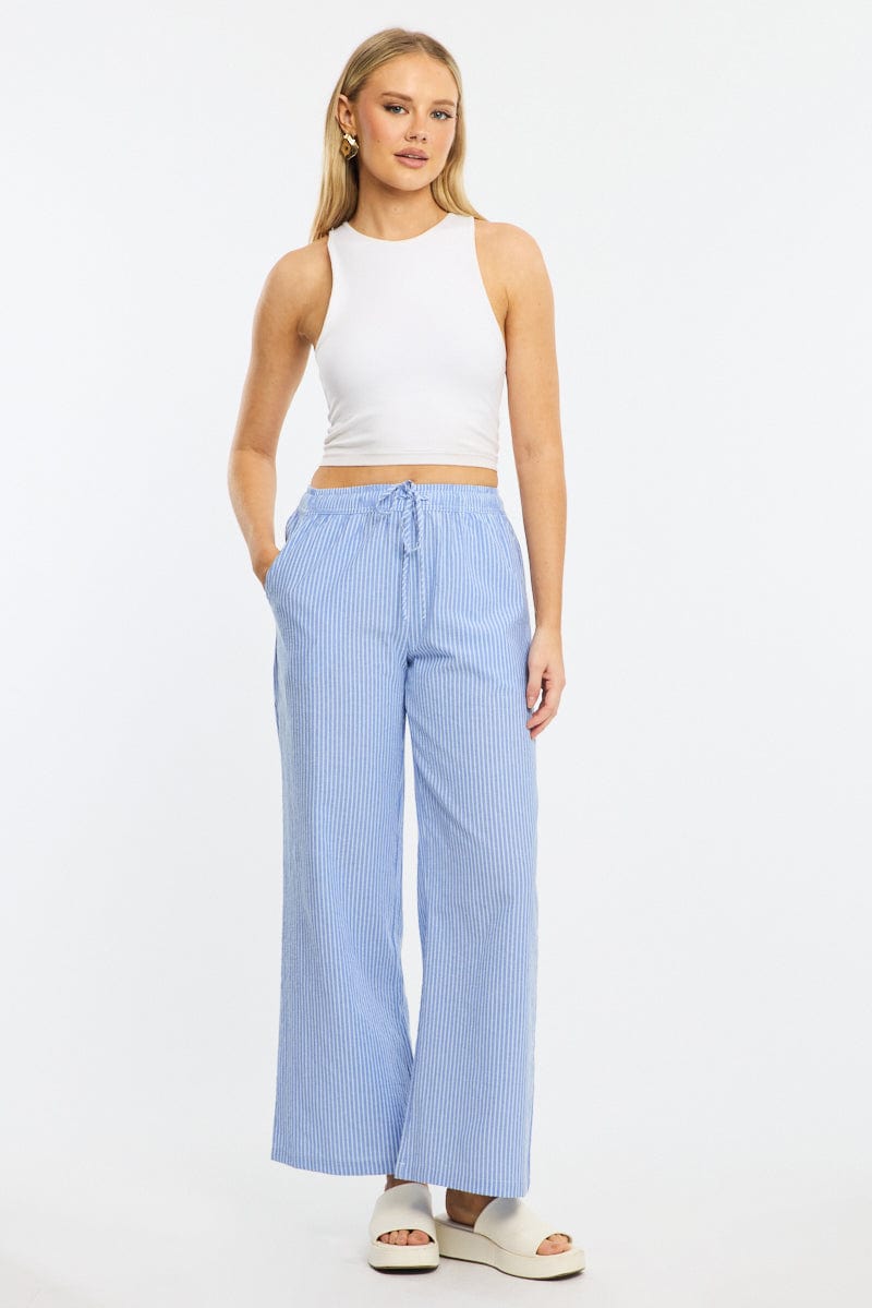 Blue Stripe Wide Leg Pants Elasticated Waist