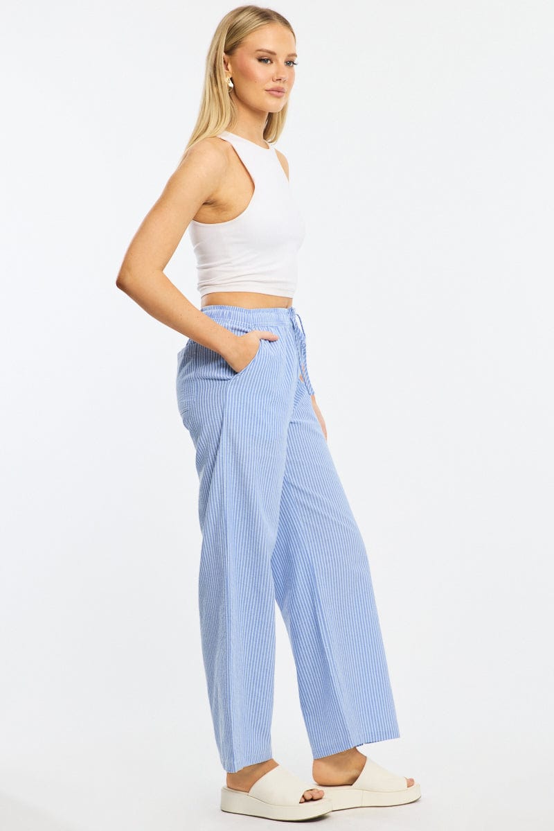 Blue Stripe Wide Leg Pants Elasticated Waist