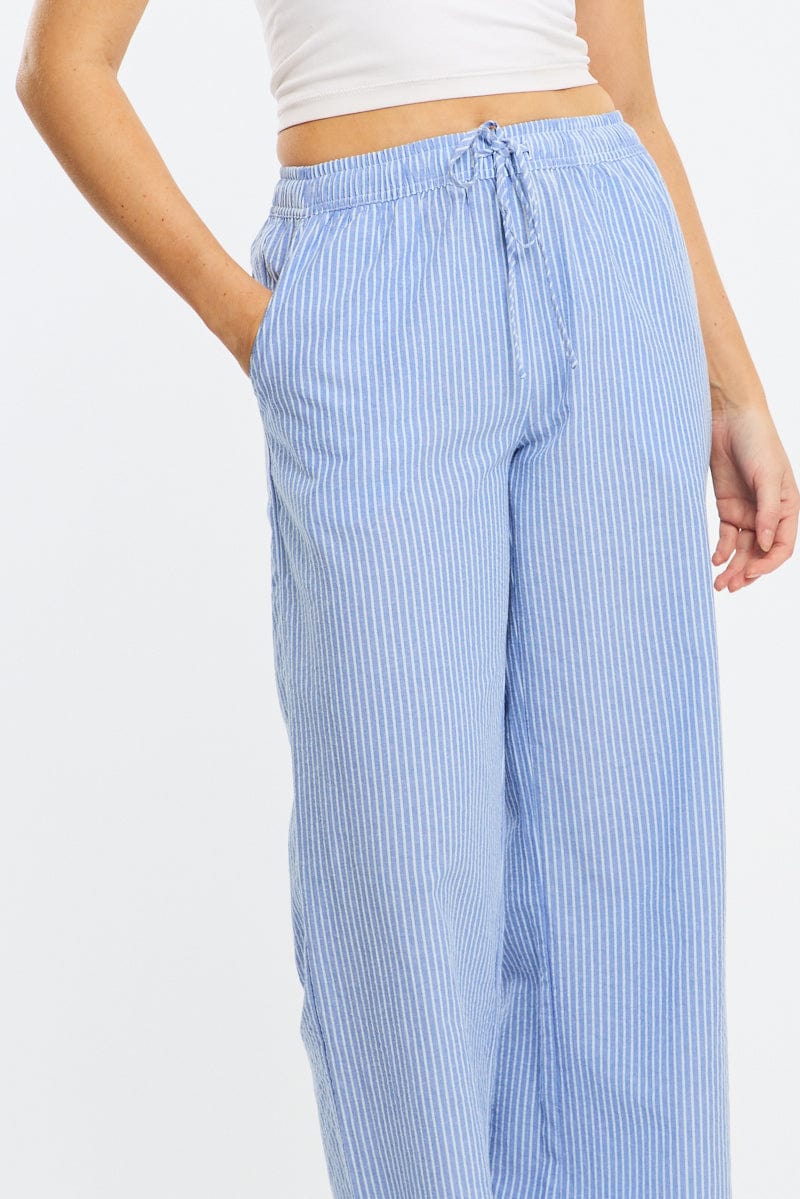Blue Stripe Wide Leg Pants Elasticated Waist