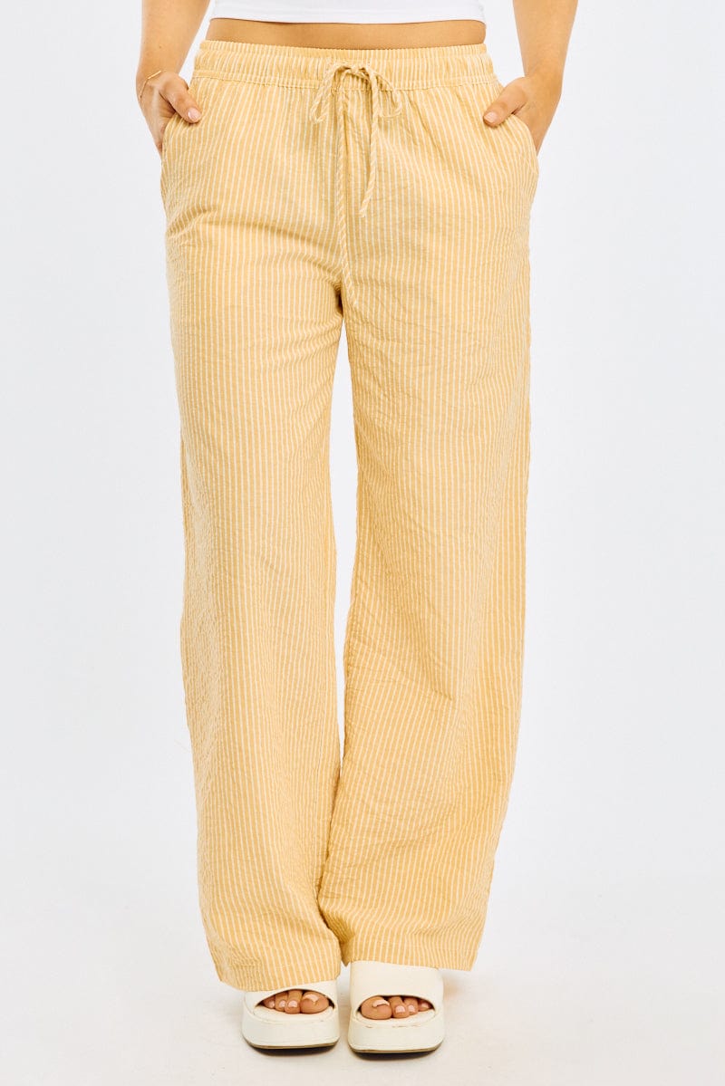 Yellow Stripe Wide Leg Pants Elasticated Waist