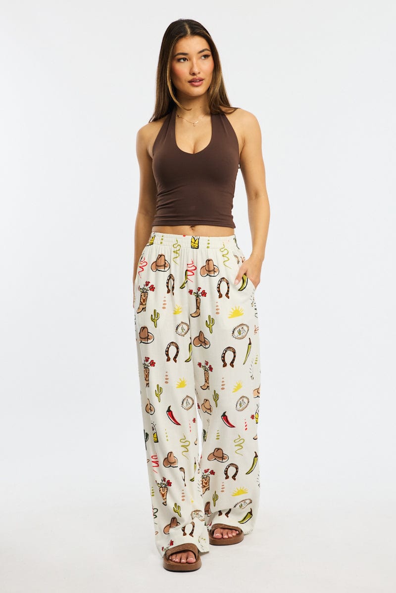 Multi Abstract Wide Leg Pants Elasticated Waist