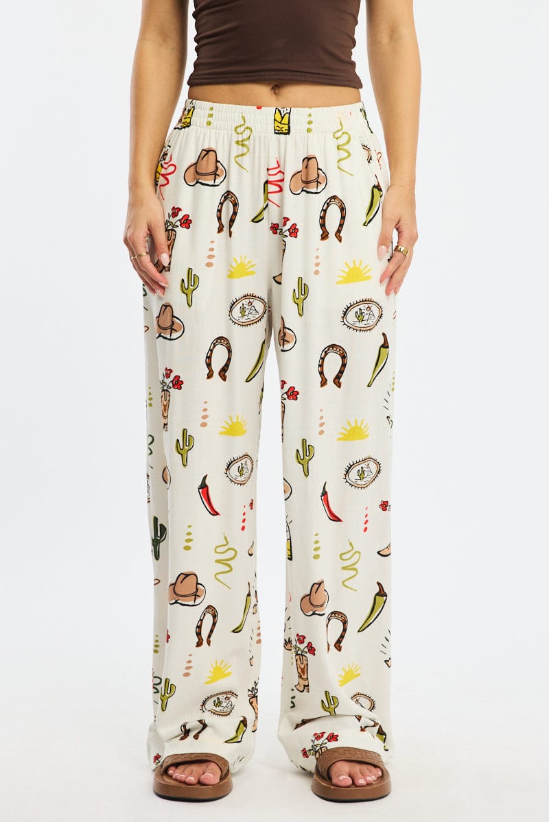 Multi Abstract Wide Leg Pants Elasticated Waist