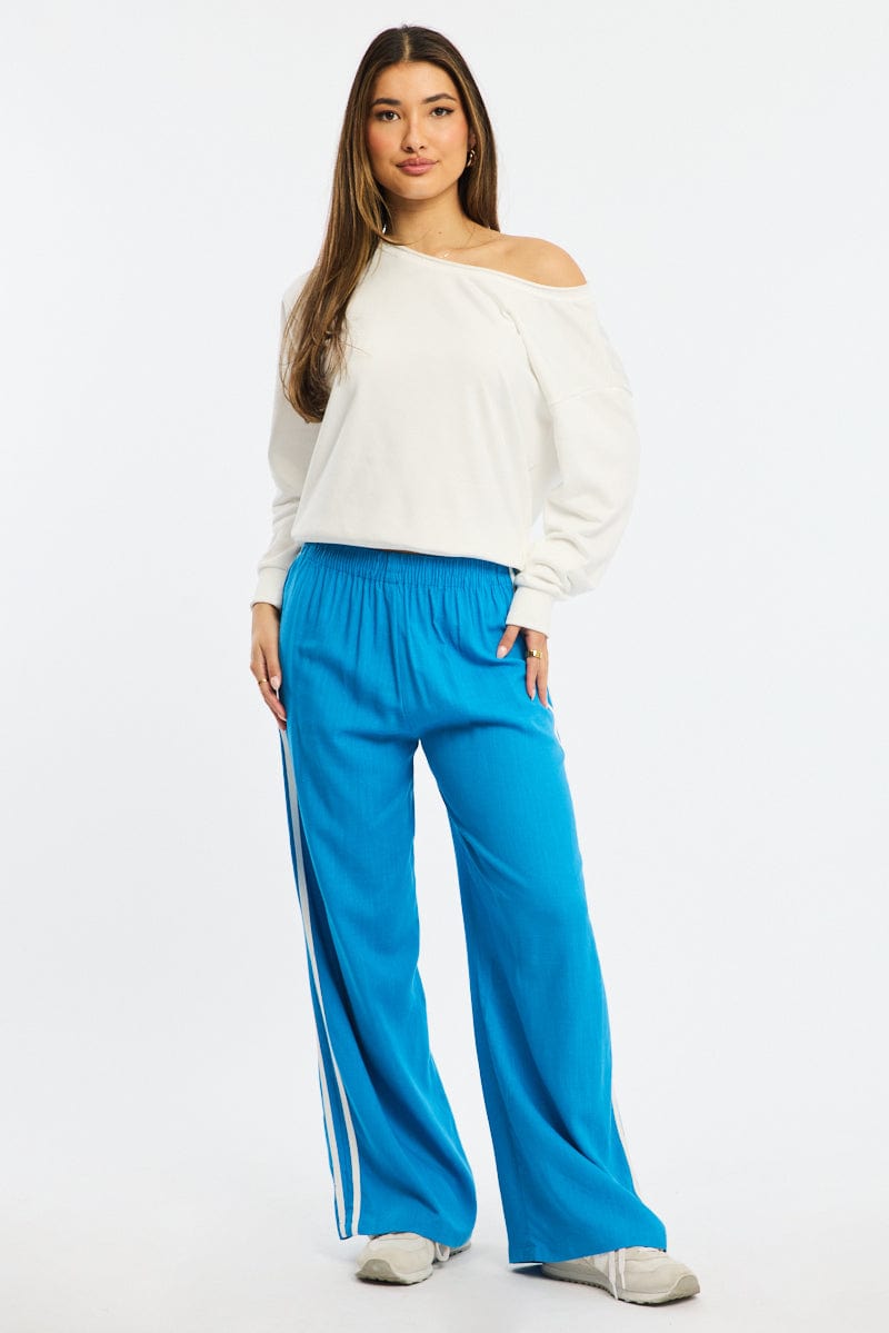 Blue Wide Leg Pants Side Stripe