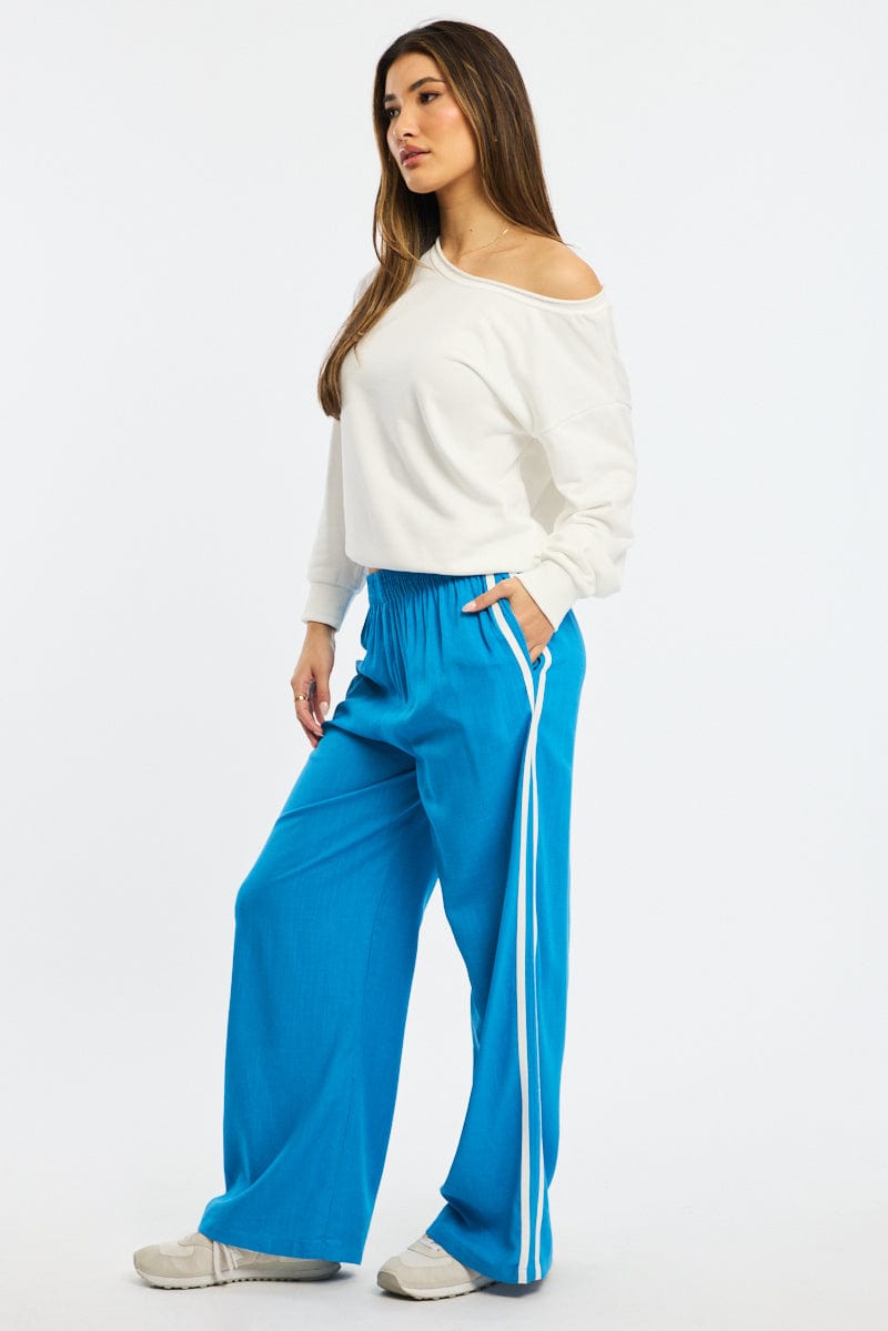 Blue Wide Leg Pants Side Stripe