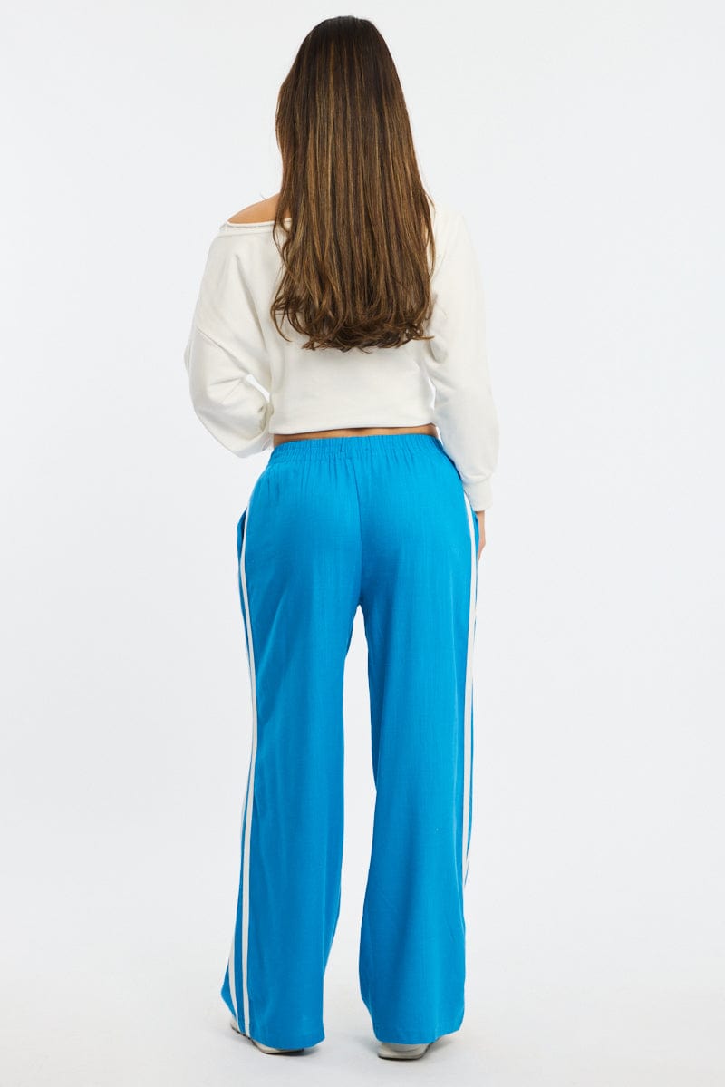 Blue Wide Leg Pants Side Stripe