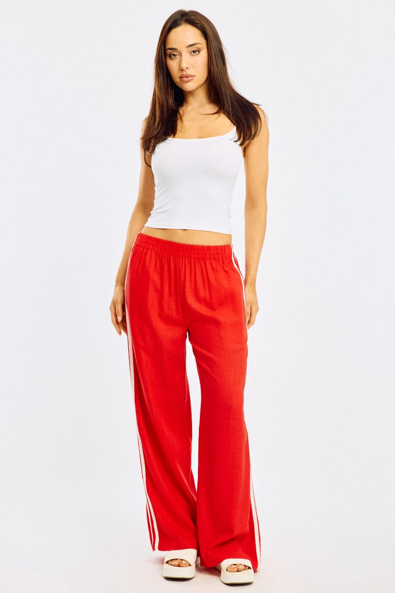Red Wide Leg Pants Side Stripe