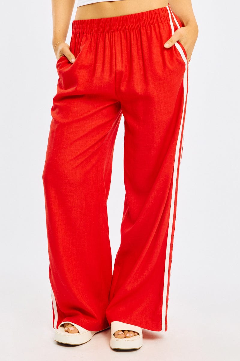 Red Wide Leg Pants Side Stripe