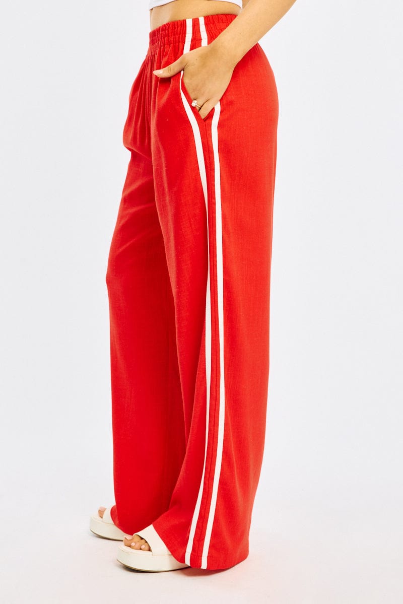 Red Wide Leg Pants Side Stripe