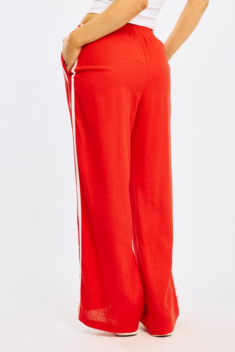Red Wide Leg Pants Side Stripe