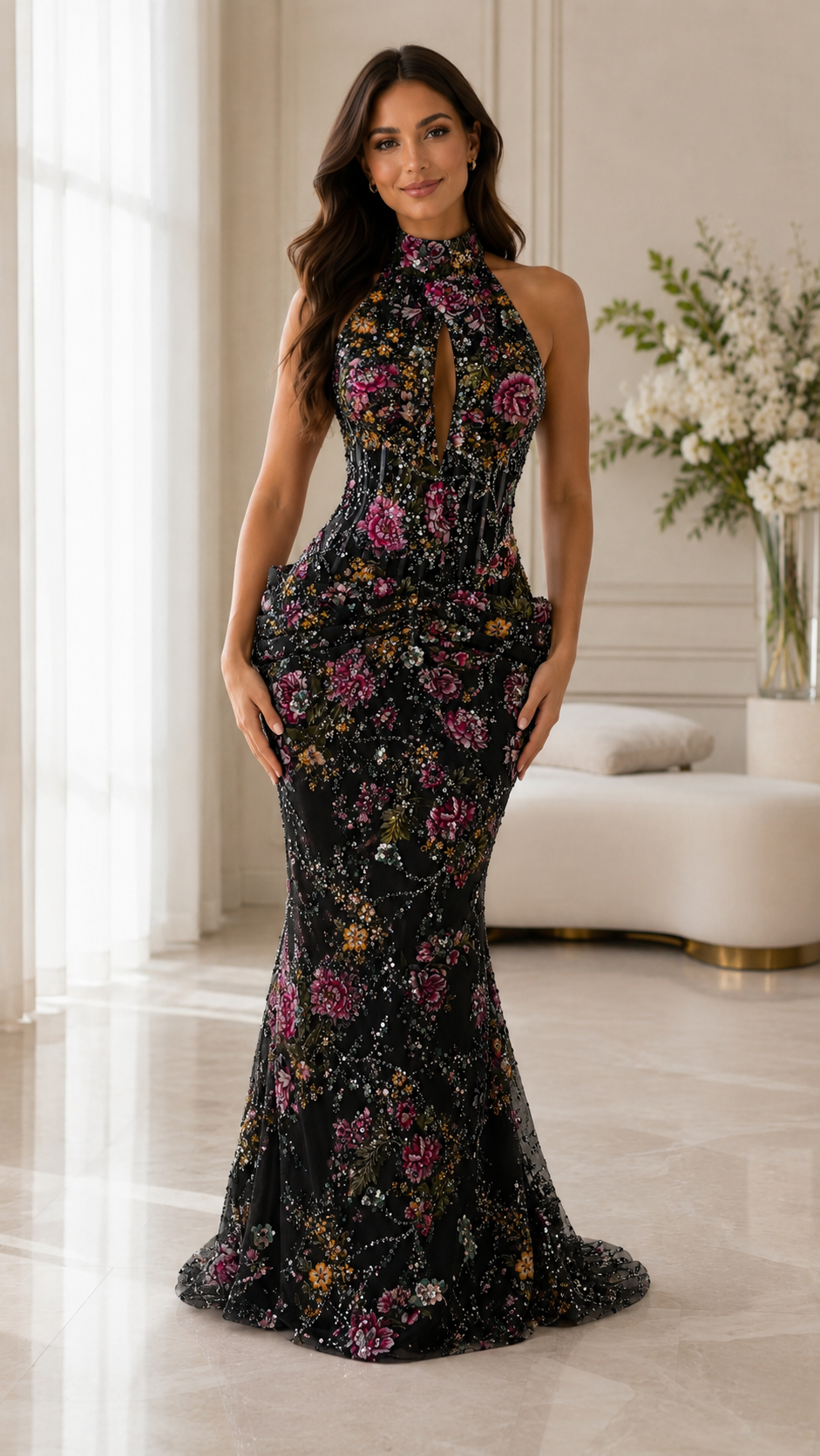 Floral Halter Mermaid Maxi Dress