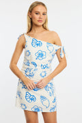 Blue Abstract Bodycon Dress Tie Up Shoulder