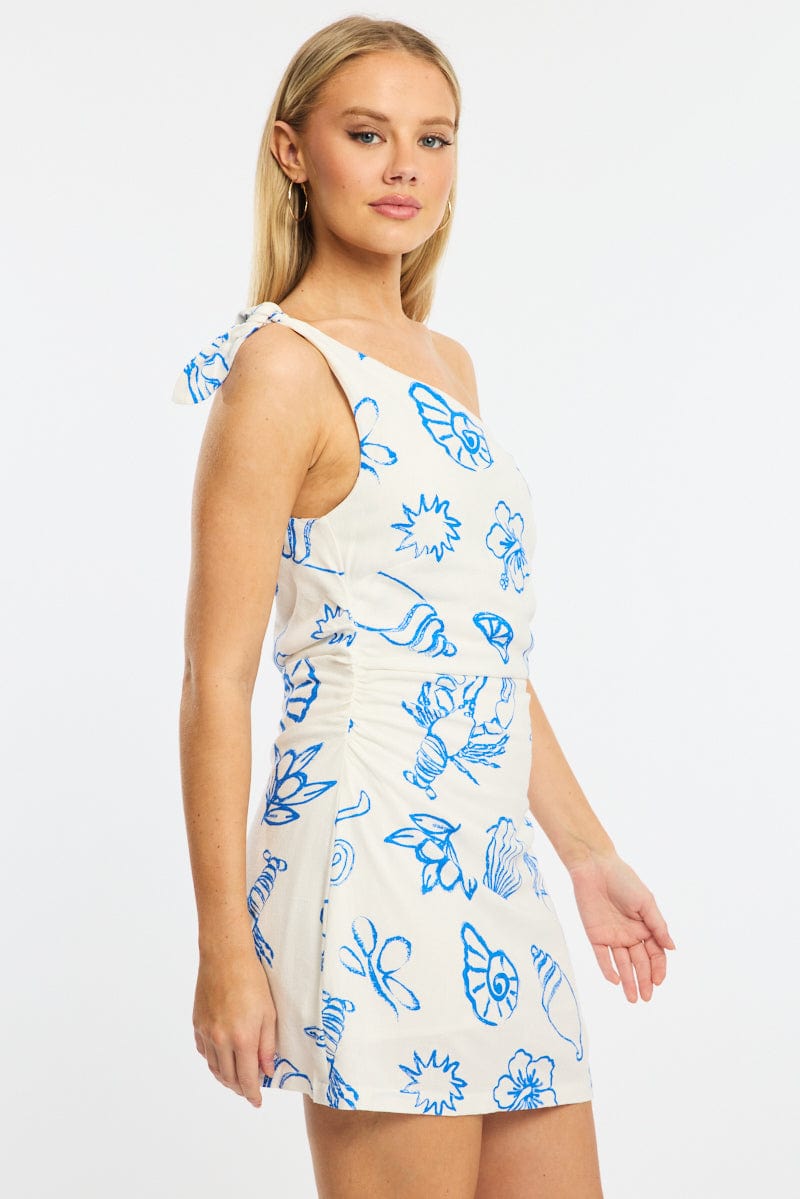 Blue Abstract Bodycon Dress Tie Up Shoulder