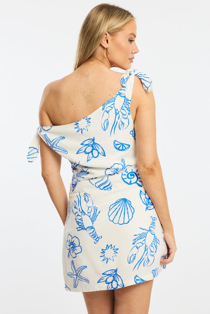 Blue Abstract Bodycon Dress Tie Up Shoulder