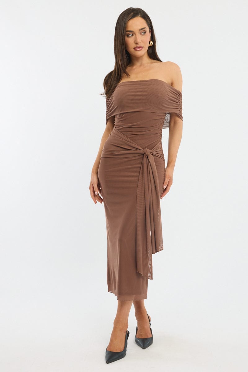 Brown Bodycon Dress Off Shoulder Mesh