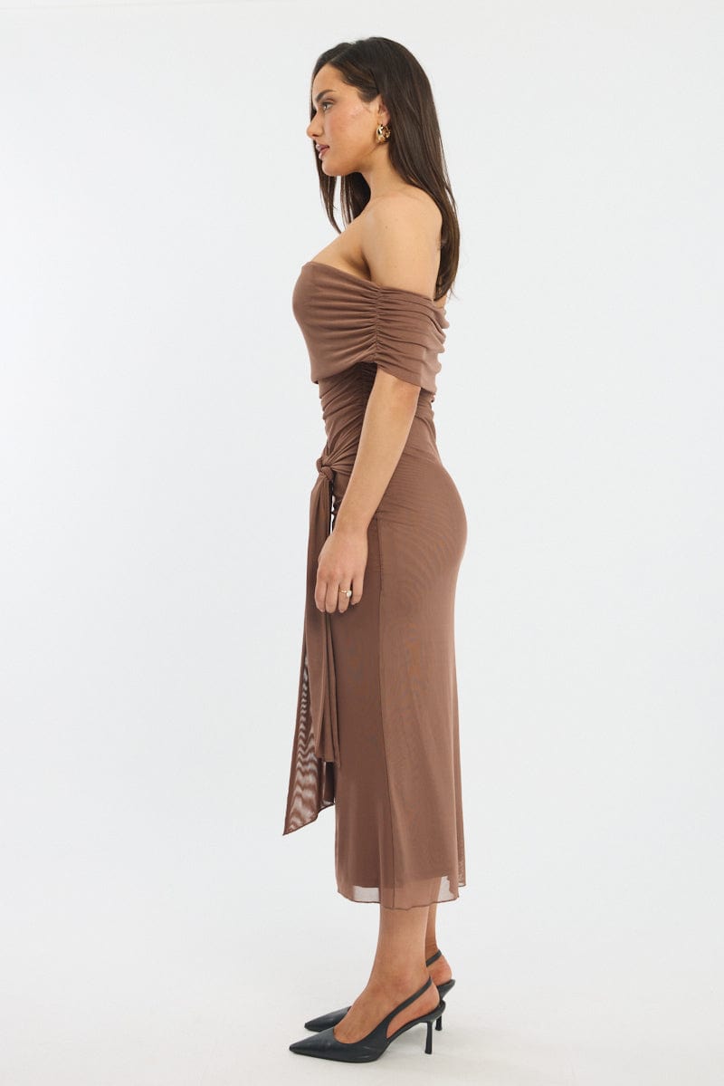 Brown Bodycon Dress Off Shoulder Mesh