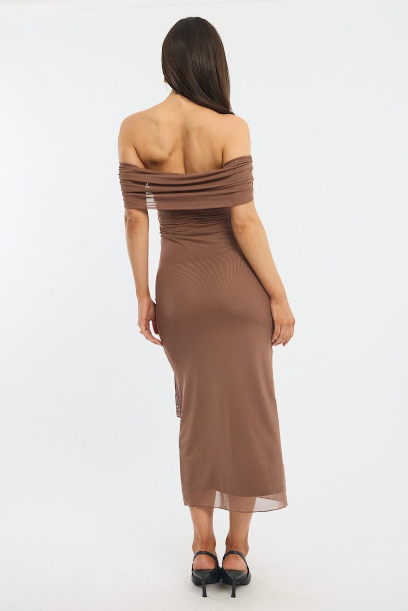 Brown Bodycon Dress Off Shoulder Mesh