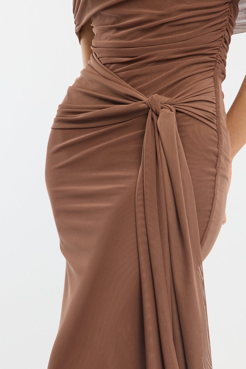 Brown Bodycon Dress Off Shoulder Mesh