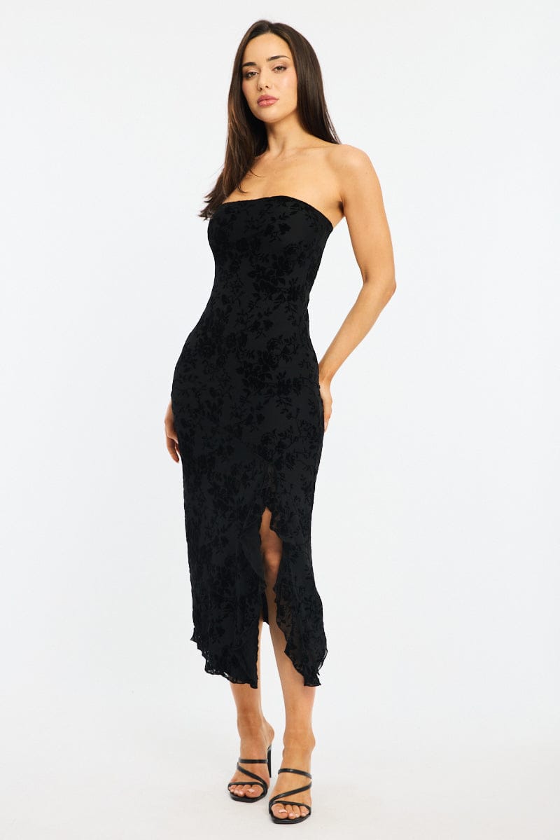 Black Bodycon Dress Strapless Burnout