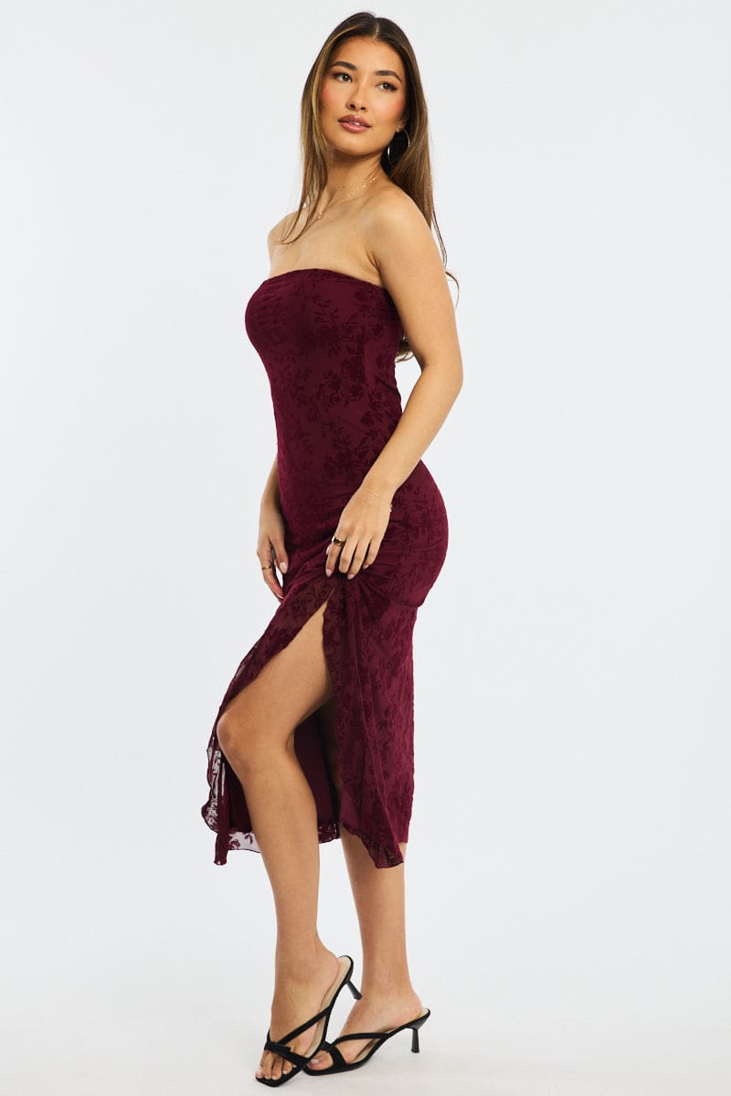 Red Bodycon Dress Strapless Burnout