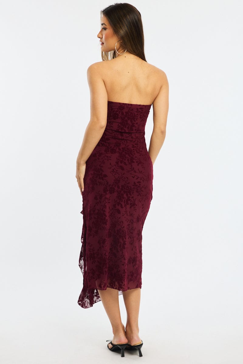 Red Bodycon Dress Strapless Burnout