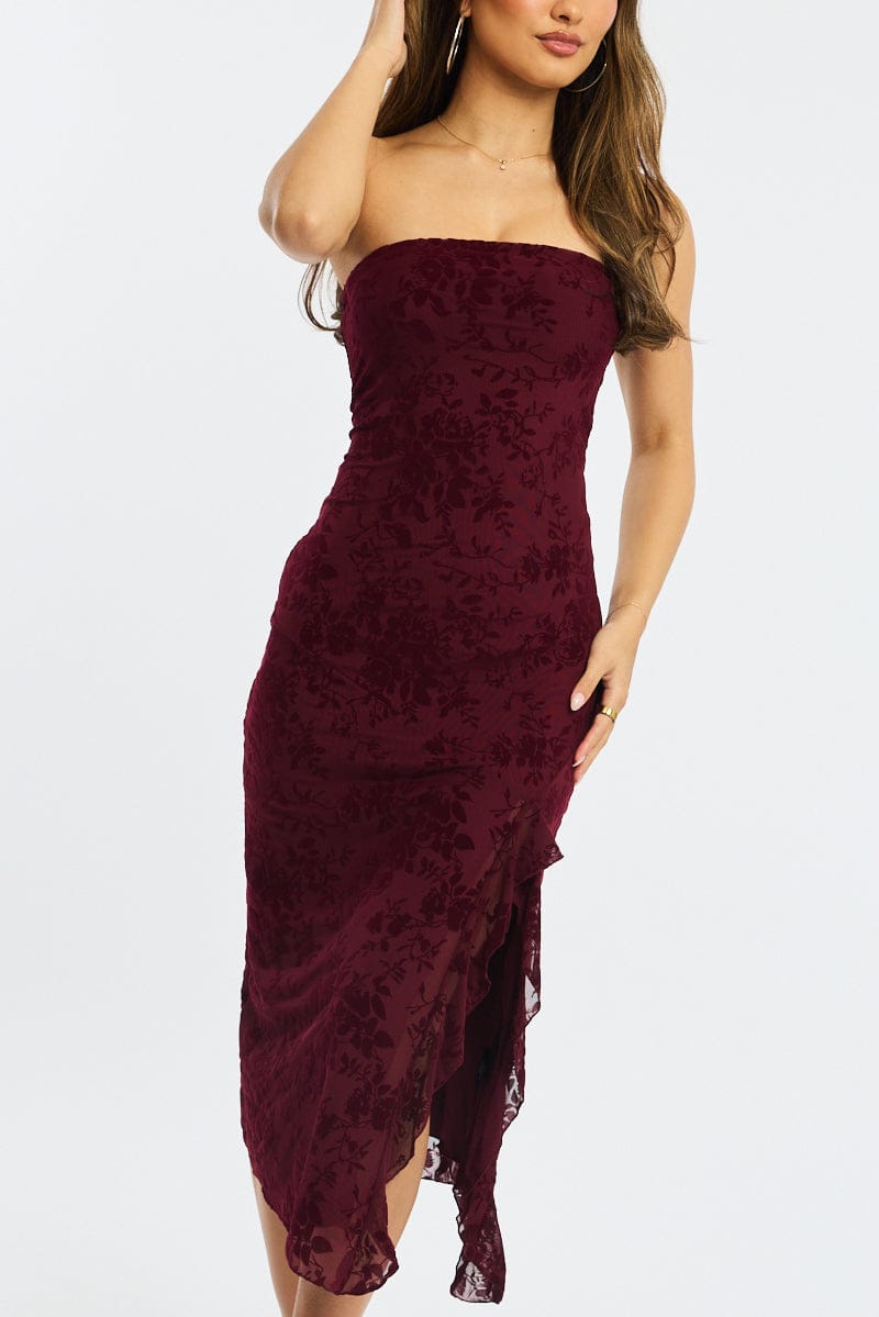 Red Bodycon Dress Strapless Burnout