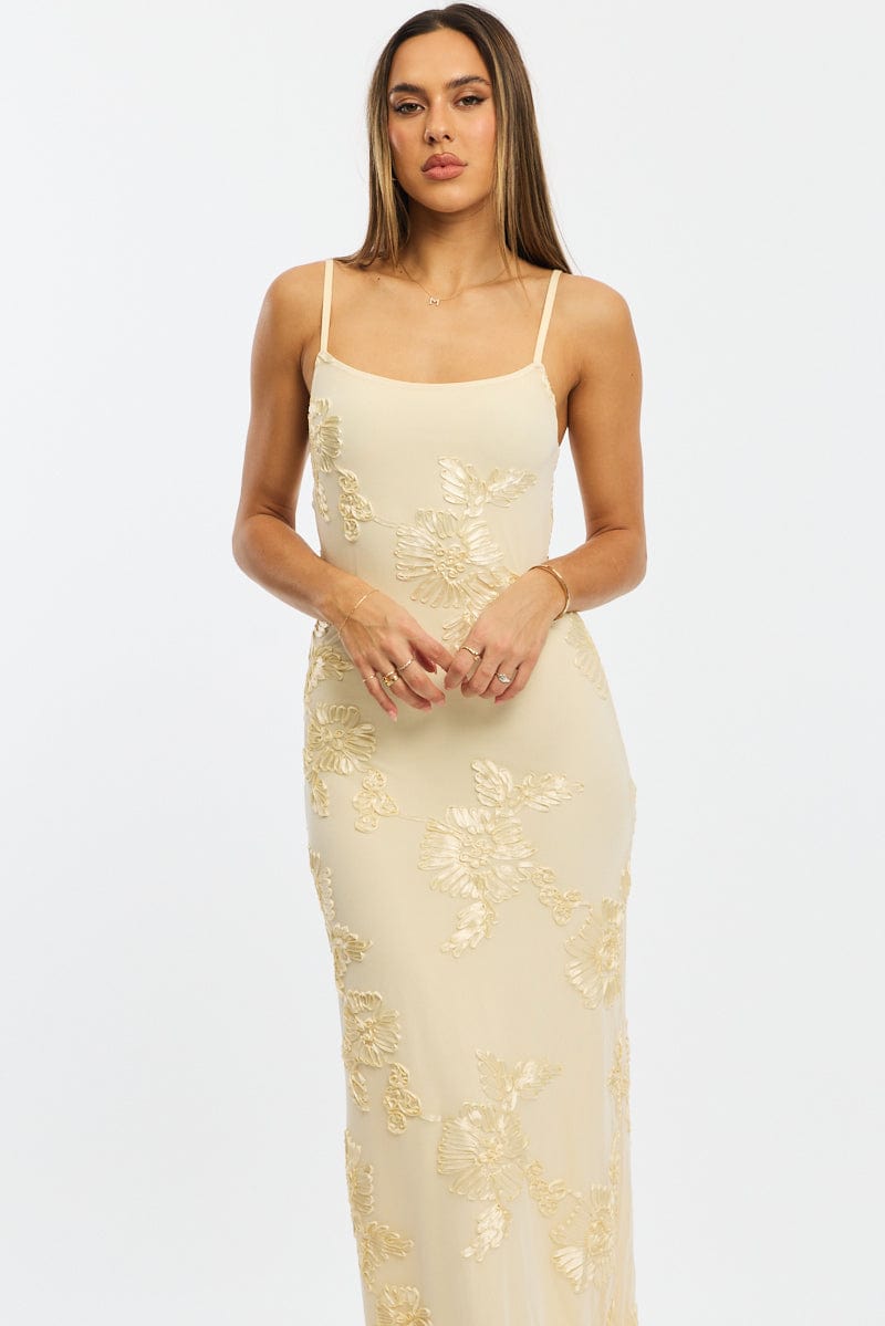 Yellow Bodycon Dress Embroidered Mesh