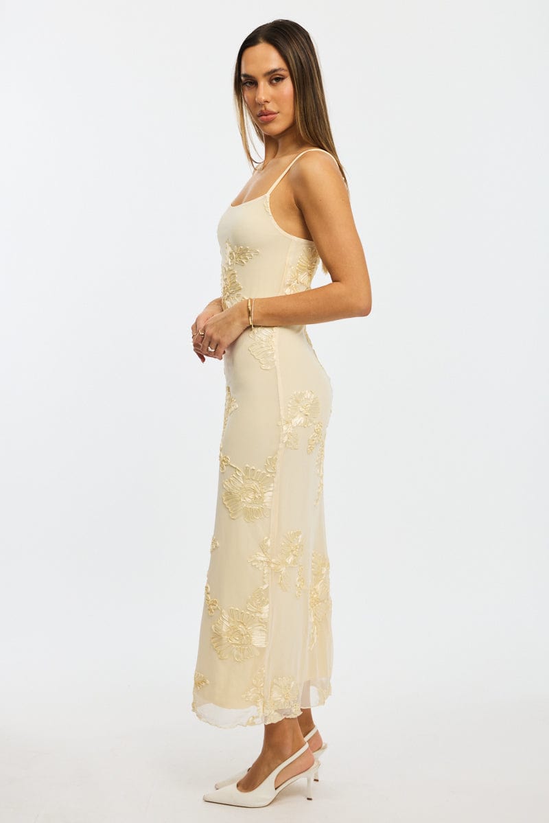 Yellow Bodycon Dress Embroidered Mesh