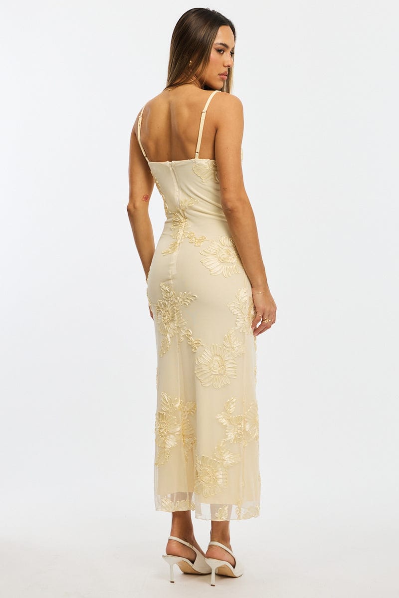 Yellow Bodycon Dress Embroidered Mesh