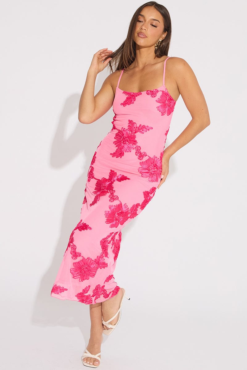 Pink Bodycon Dress Embroidered Mesh