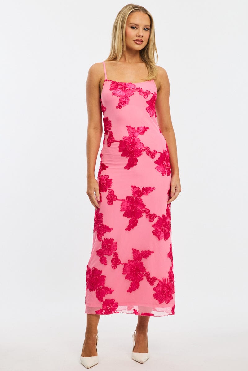 Pink Bodycon Dress Embroidered Mesh