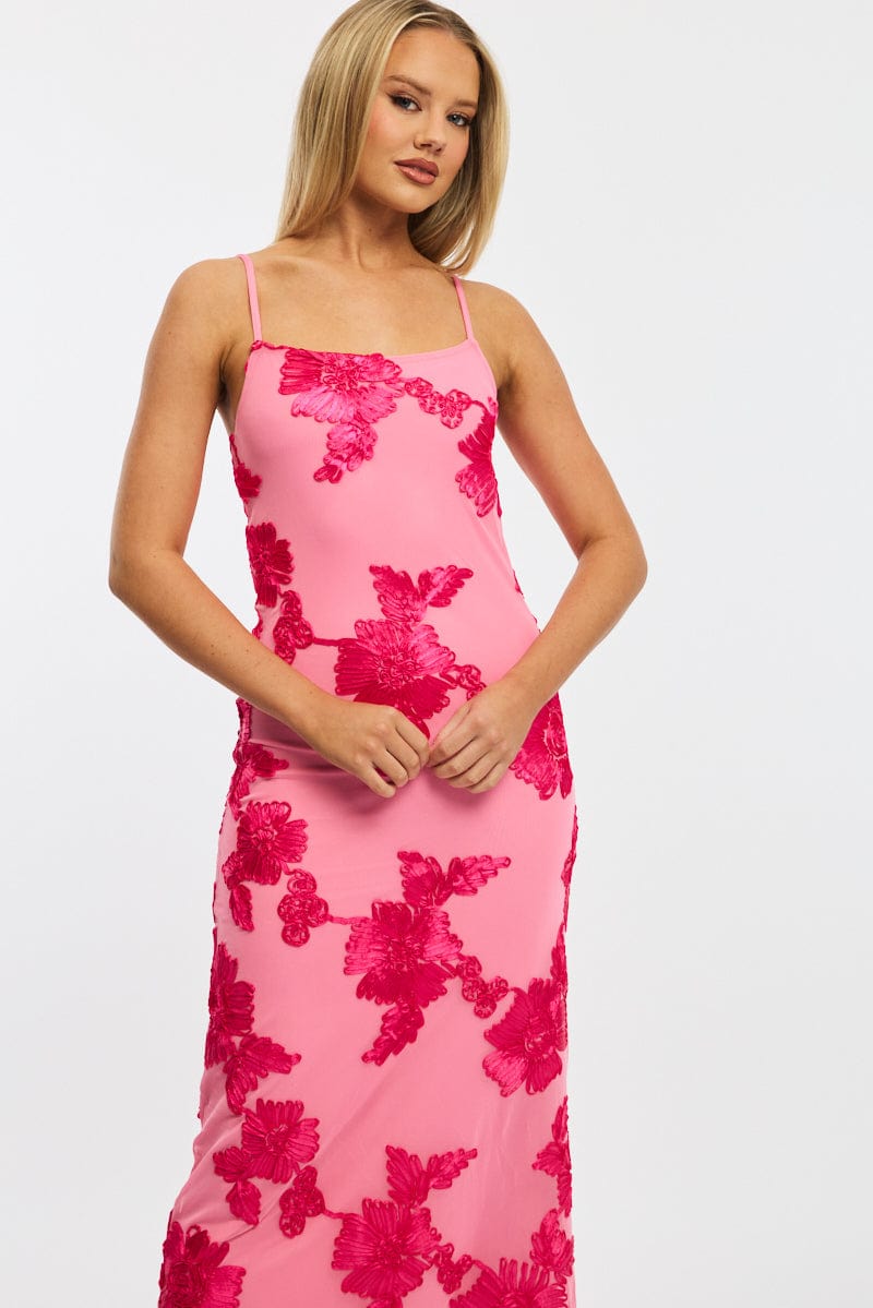 Pink Bodycon Dress Embroidered Mesh