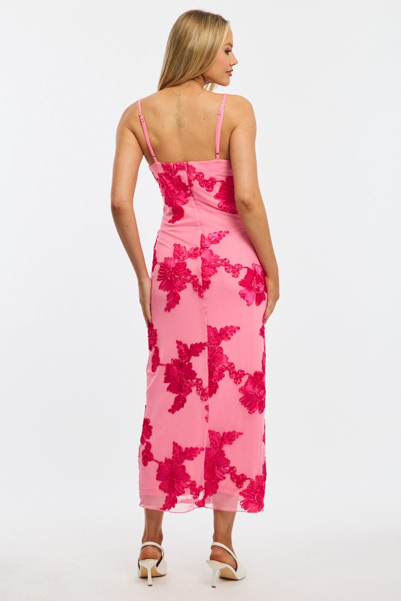 Pink Bodycon Dress Embroidered Mesh