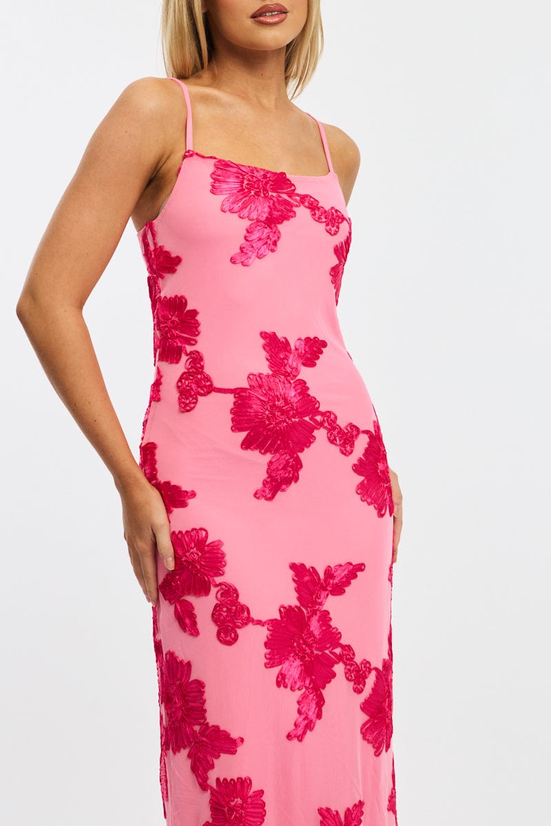 Pink Bodycon Dress Embroidered Mesh