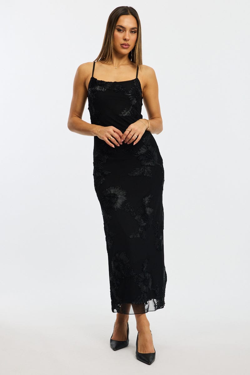 Black Bodycon Dress Embroidered Mesh