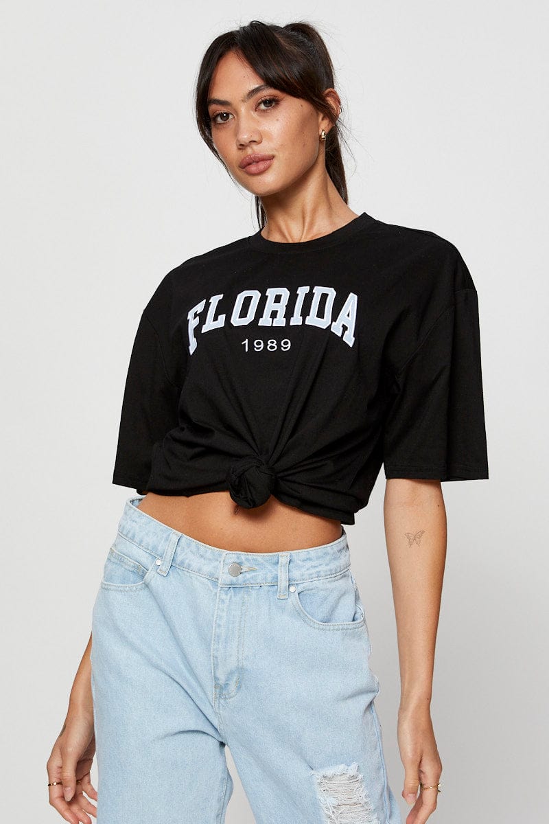 Black Jersey T-Shirt Short Sleeve Embroidered