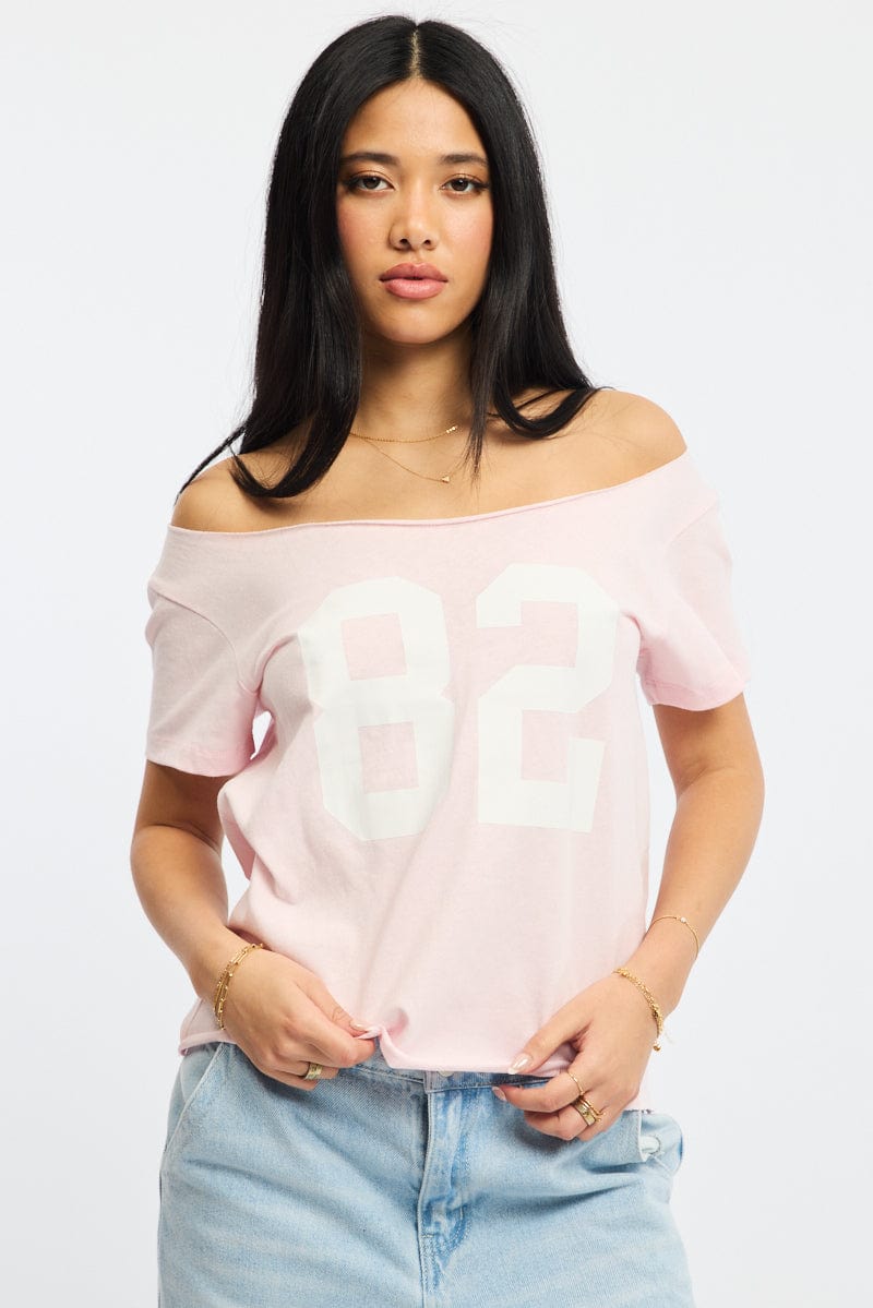 Pink Graphic T-Shirt Off Shoulder