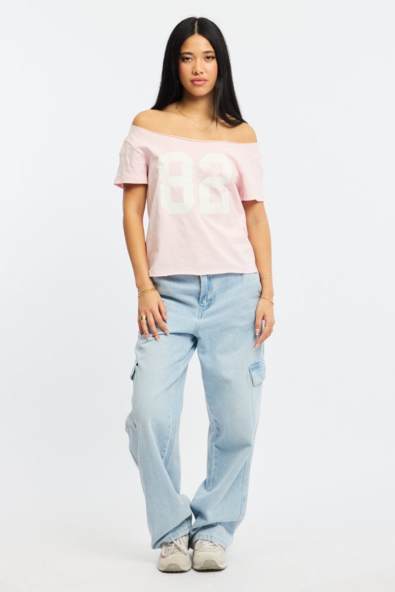 Pink Graphic T-Shirt Off Shoulder