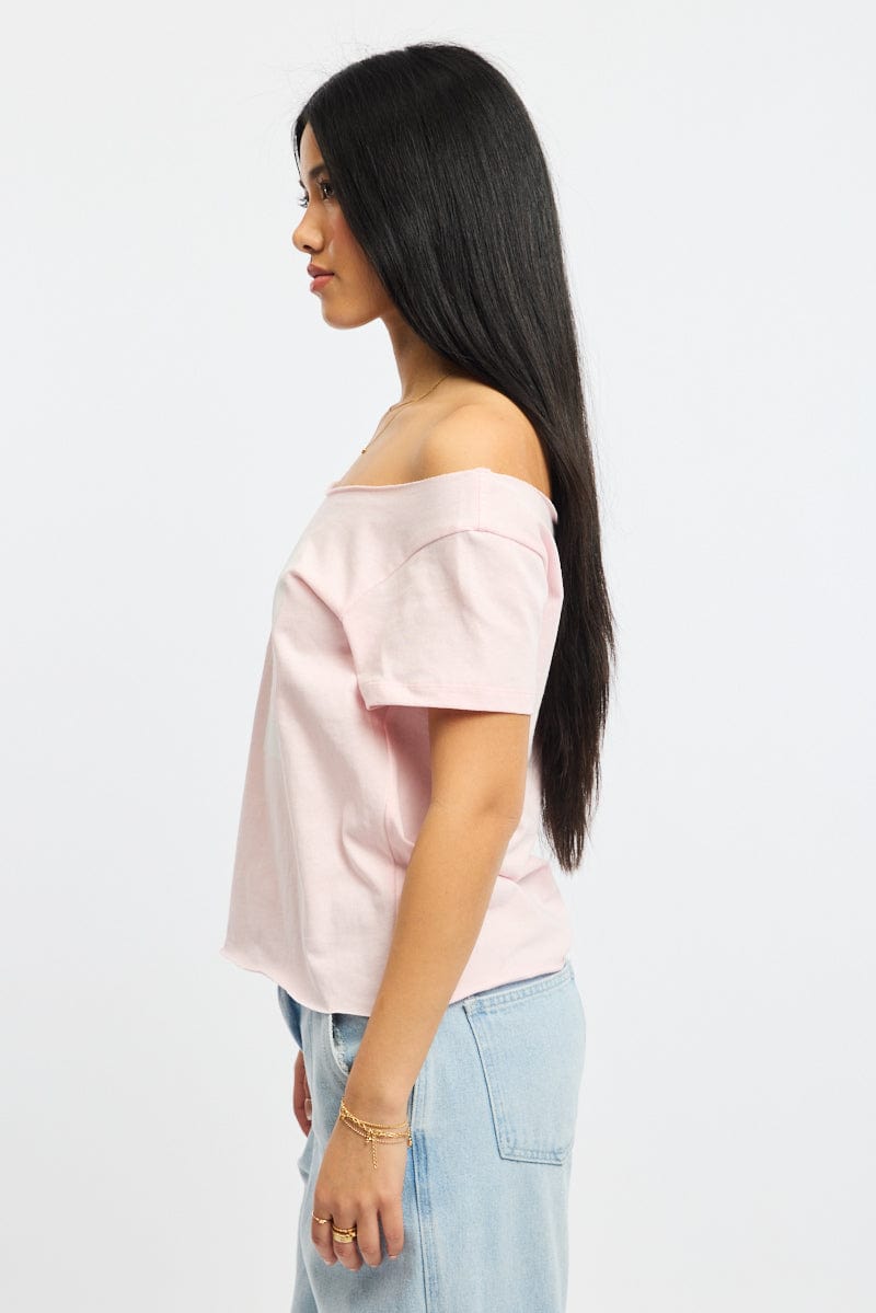 Pink Graphic T-Shirt Off Shoulder