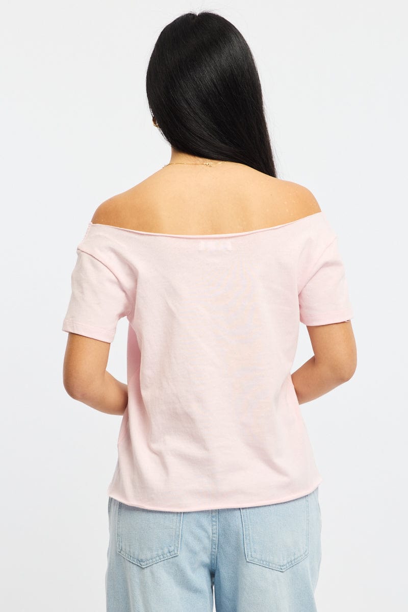 Pink Graphic T-Shirt Off Shoulder
