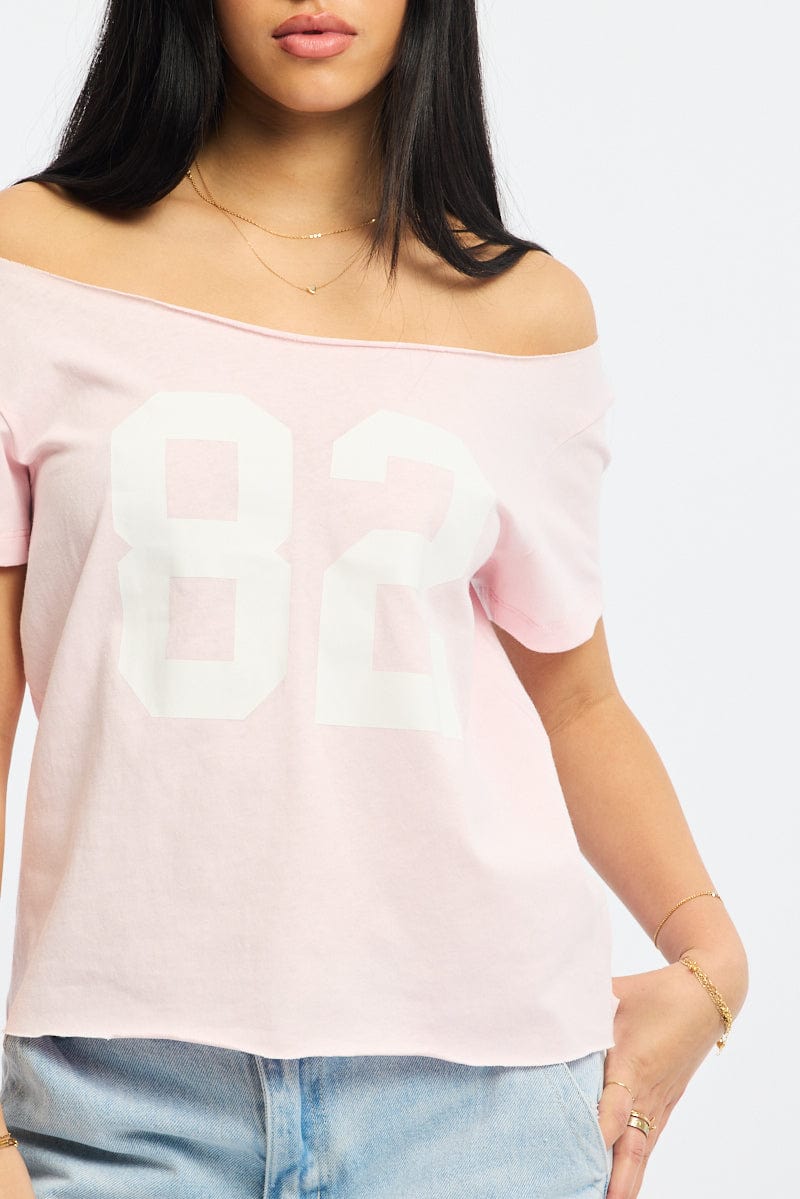 Pink Graphic T-Shirt Off Shoulder