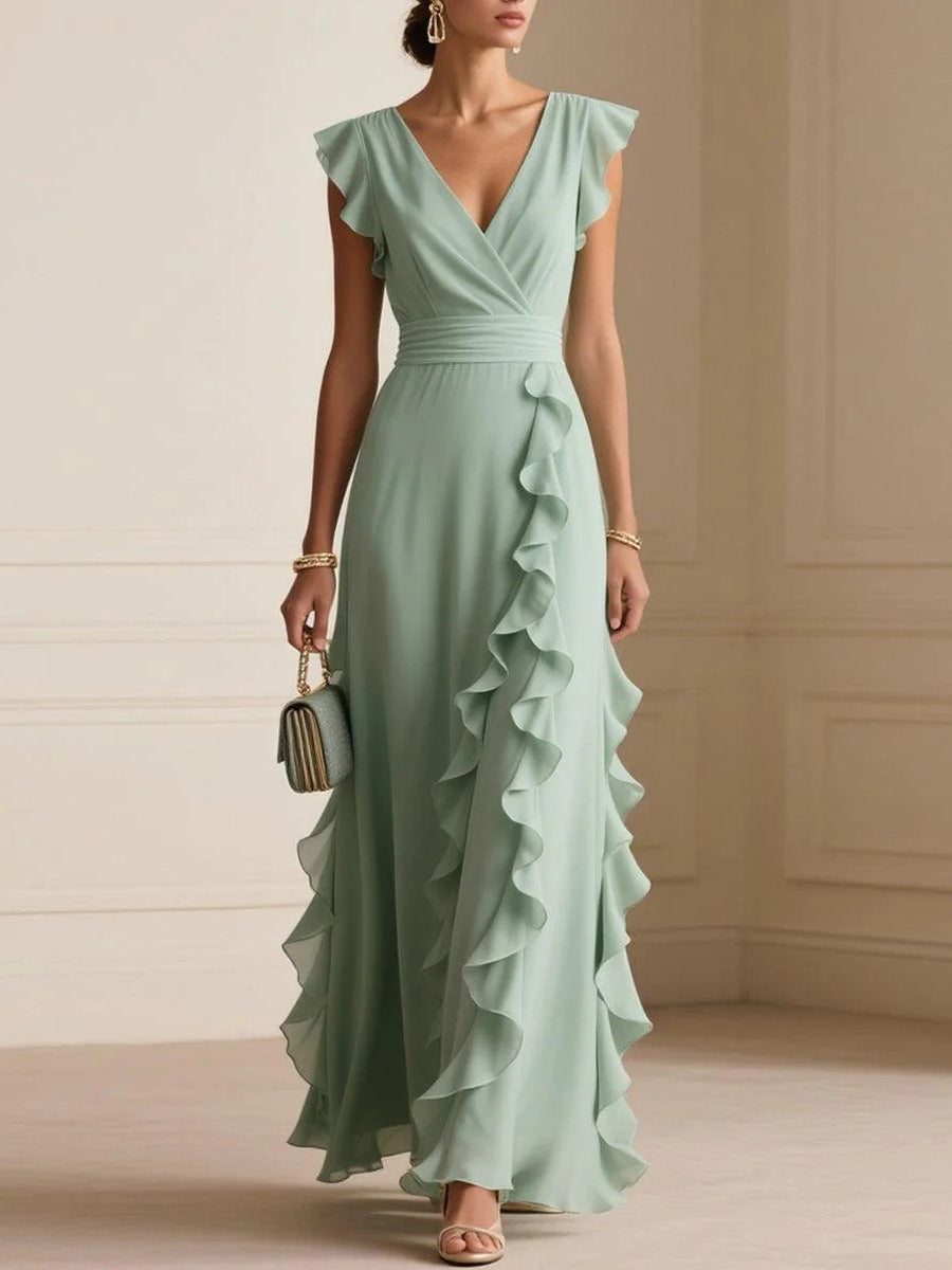 Elegant V Neck Ruffle Maxi Dress With Flutter