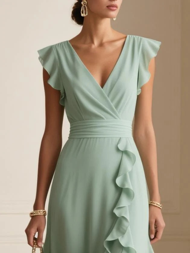 Elegant V Neck Ruffle Maxi Dress With Flutter