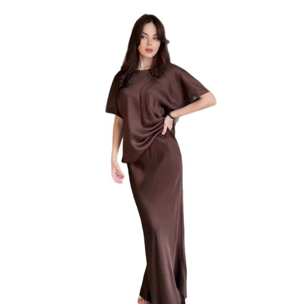 Solid Color Round Neck Short-Sleeved Casual Satin Temperament Skirt