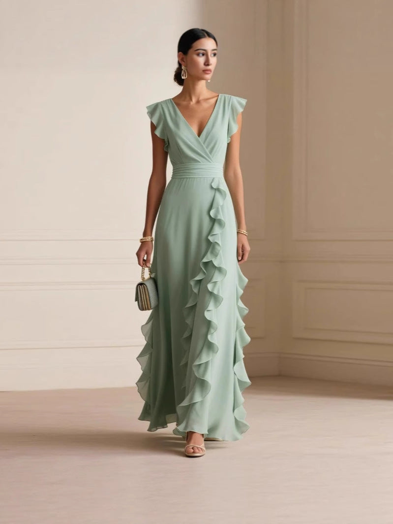 Elegant V Neck Ruffle Maxi Dress With Flutter